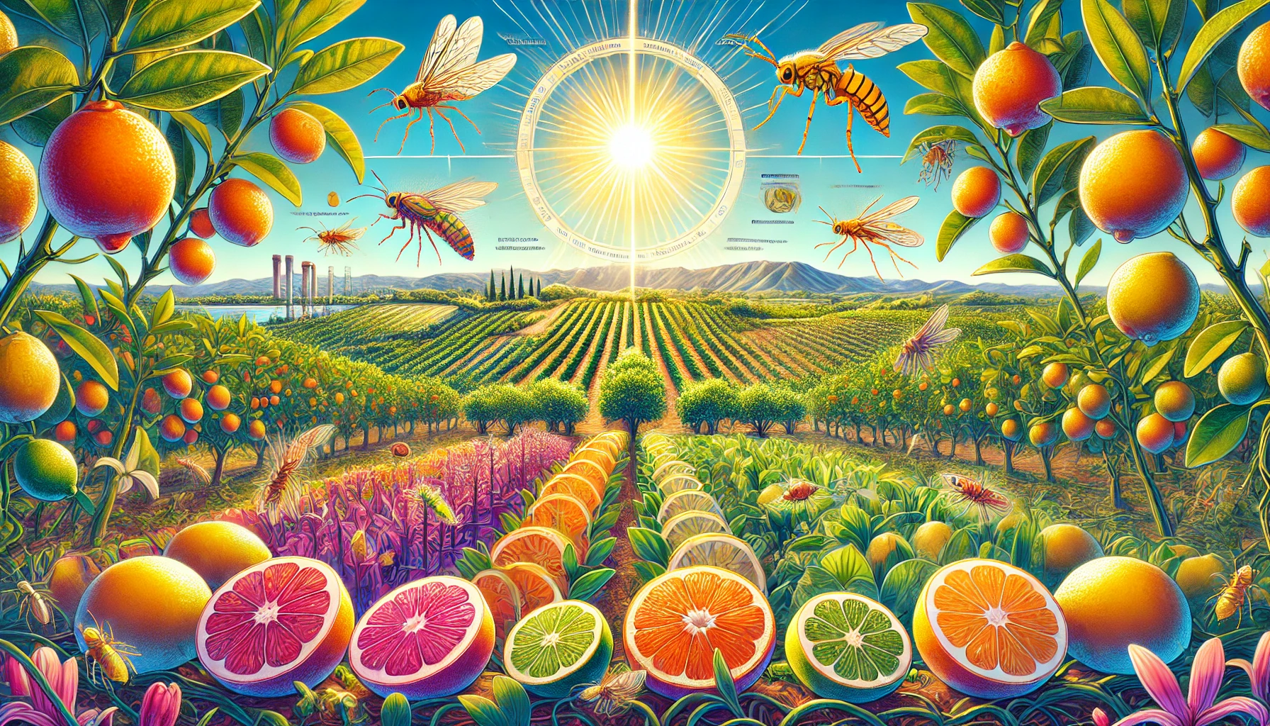 DALL·E 2025-02-22 11.27.35 – A vibrant digital illustration representing the interaction between thrips and citrus crops in a Mediterranean setting. The image features a cross-sec